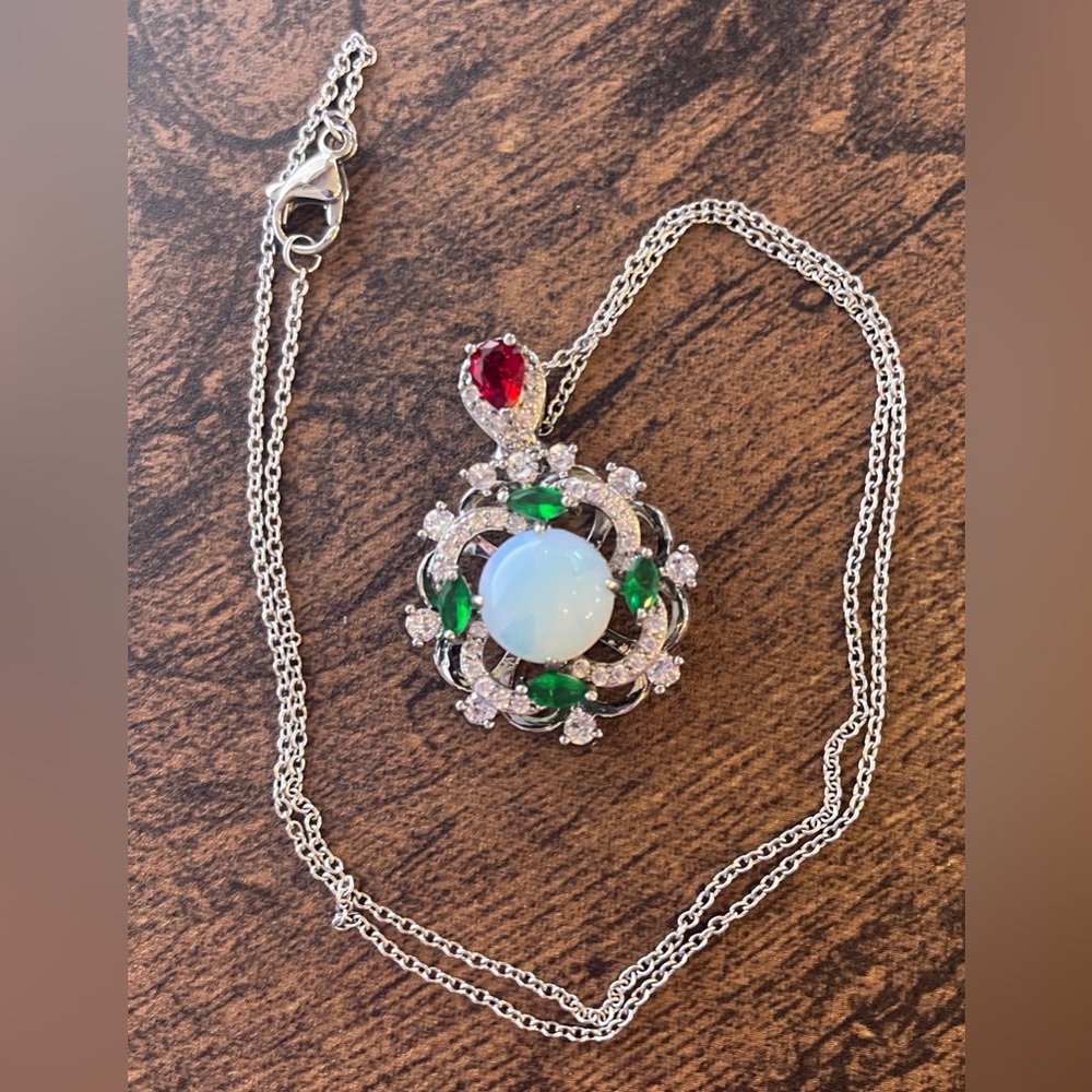 Elegant Opalite & Simulated Diamonds w/Red and Green Glass Accents Necklace